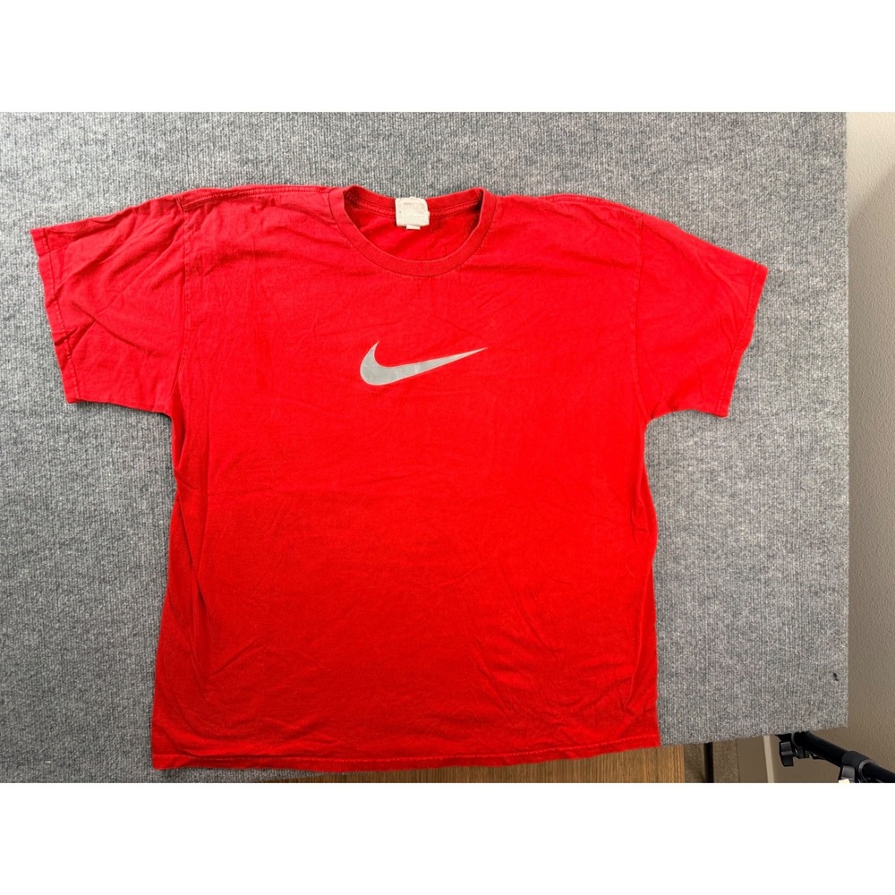 Nike Shirt Mens XXL Red Silver Swoosh Graphic Tee Short Sleeve Cotton Y2K Style
